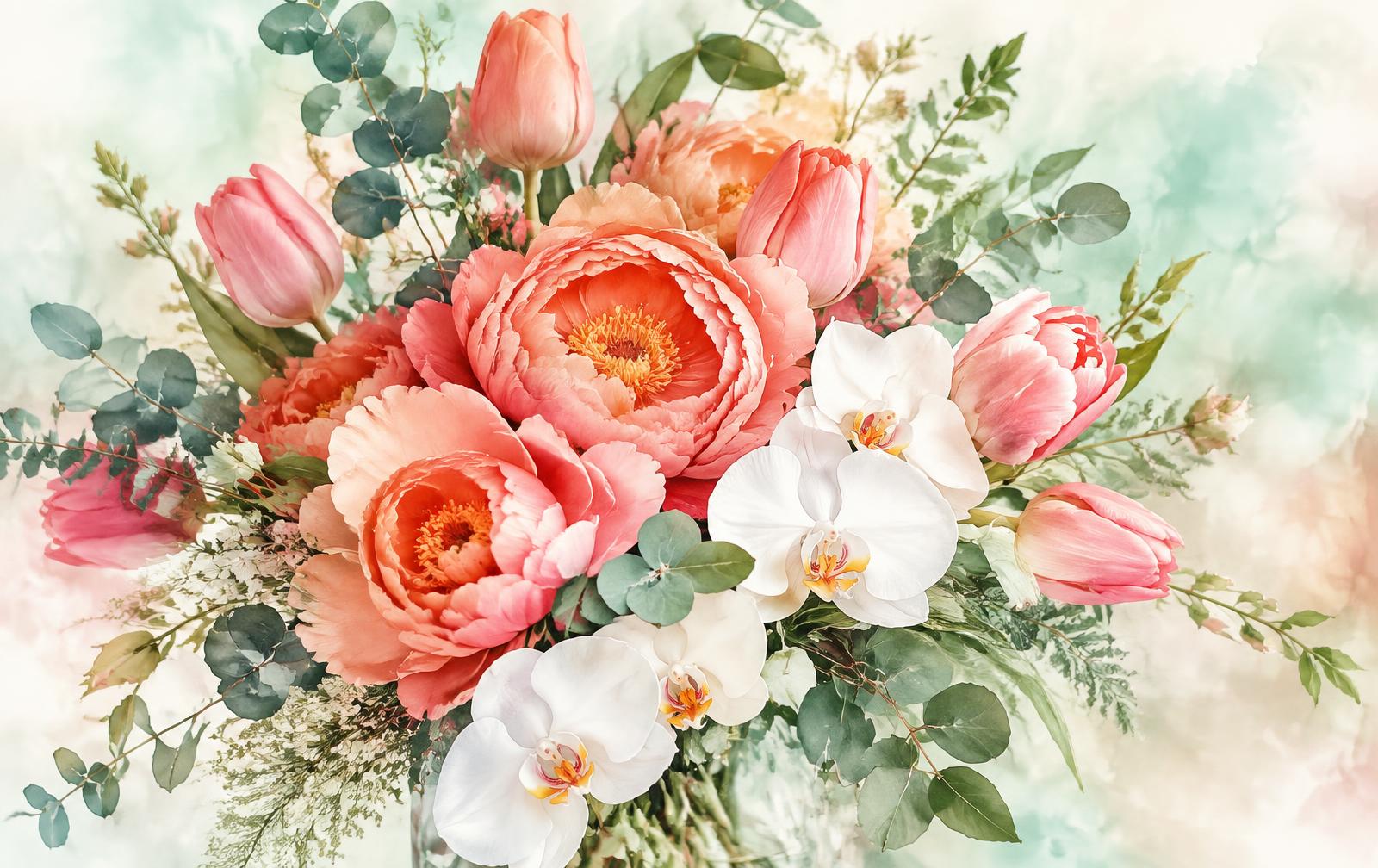 Watercolor coral and mint florals
